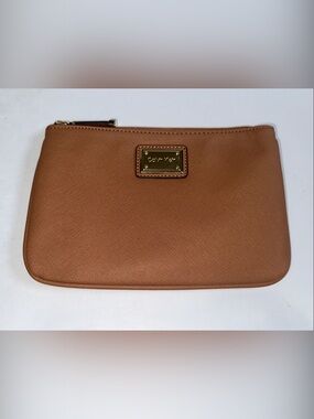 Calvin Klein Brown Saffiano Toiletry Pouch Purse Handheld Leather Zip